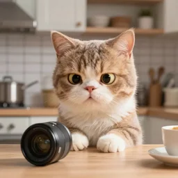 Cat looking cartoonischly extremely disappointed, on kitchen table, 40nm lens, shallow depth of field, split lighting, 4k,