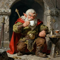 Dwarf Warrior drinking Coffee inside a dungeon, by Donato Giancola