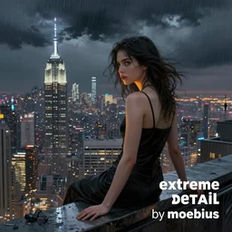 “ a girl on a ledge overlooking futuristic new york city, ghostpunk, dark rain clouds, extreme detail, by moebius ”