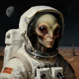 surreal closeup portrait of alien astronaut in wastelands on exoplanet by hieronymus bosch, lucid dream - like heavy atmosphere, baroque painting, harsh flash photo, perfect composition, detailed octane render trending on artstation, 8 k artistic photography, volumetric cinematic perfect light, chiaroscuro, masterpiece, raphael, caravaggio, beksinski, rutkowski, beeple