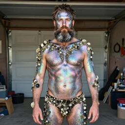a bearded man, painted with iridescent bodypaint, standing in his cluttered garage, he is covered with barnacles