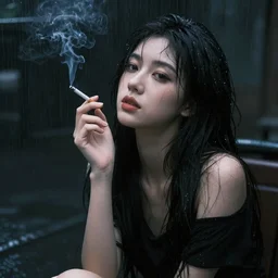 portrait photo of a girl smoking cigarette in dark raining room