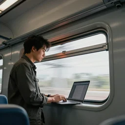 a man working on his laptop on top of a train, high speed shutter, action shot, photograph