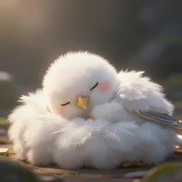 a cute bird sleeping in focus mofumofu, fluffy Full of Light, Animated Film, Cinematography, Atmosphere, Highly Detailed Heavenly Dramatic Lighting, Highly Realistic Cinematic Lighting, Volumetric Lighting, Photography, Anime Style, Cinema, Epic High Dynamic Lighting, HDR