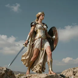 a greek goddess of wisdom donned in epic battle armor with sword drawn and shield wielded, cinematic, wide angle shot, 4 k, 8 k, high resolution