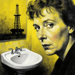 high quality noir painting close up of agatha christie face, agatha christie, a huge public bathroom sink and an oil rig forboding in the background, mystery of the giant sink, by greg rutkowski, yellow, black and white colour scheme, textured grunge aesthetic