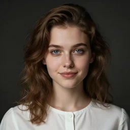 a portrait of a cute woman, brown hair, wavy hair, blue eyes, wearing a white blouse, button nose, oval face, soft chin, soft facial features, chubby cheeks, small lips, very detailed digital art, dynamic lighting, moody atmosphere, dark background, piercing gaze, warm smile, 4 k portrait art by artgerm, greg rutkowski, craig mullins