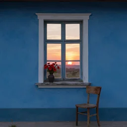 a old house window with a vase of red flowers with view to a sunrise, blue wall, a wooden chair near the window, concept art, octane render, unreal engine 5, trending on deviantart, highly detailed, high quality, hd, digital painting, masterpiece, geometric, symmetrical, low contrast, beautiful, serene landscape, high coherence, natural lighting