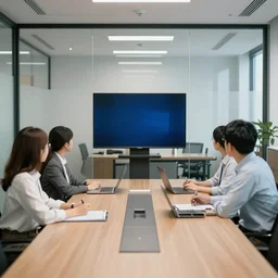 realistic office workers looking at a tv in a glass-walled conference room