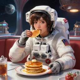 an epic fantasy comic book style portrait painting of an astronaut girl eating pancakes at a diner in space, awesome pose, character design by mark ryden and pixar and hayao miyazaki, unreal 5, daz, hyperrealistic, octane render, cosplay, rpg portrait, dynamic lighting, intricate detail, summer vibrancy, cinematic