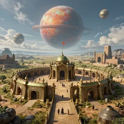 a beautiful hyperrealistic 3 d render of a bronze age military outpost on a dying planet by marc simonetti, by frazetta, by moebius, landscape, unreal engine, octane render, gigantic, 3 d, intricate, ultra wide angle, trending on artstation, brilliantly colored, volumetric lighting, micro details, ray tracing, 8 k