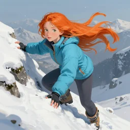 portrait of madeline from celeste climbing a snowy mountain, light blue bubble jacket, orange long hair, highly detailed, digital painting, artstation, concept art, sharp focus, illustration, art by greg rutkowski and alphonse mucha