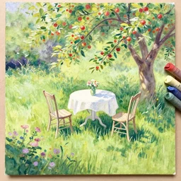 a painting of a summer garden with white table, tall grass, chairs and apple trees, shadow, flowers, watercolor, color pensils and pastel, lovely, nostalgic, beautiful, impressionist, wonderful, art