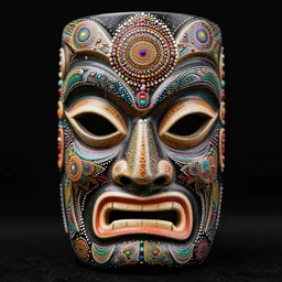 symmetrical tiki mask with eyes and mouth, black background, acrylic dots, mandalas, colorful, psychedelic trip, patterns, fine mandelbrot, fractal lace, 1 5 0 mm, soft rim light, elegant, hyper real, depth of field, sharp focus, ultra detailed, octane render, giger beksinski, 1 6 k