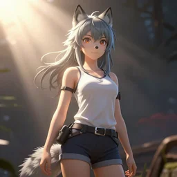 A 3D render of an anime wolf girl, unreal engine, ray tracing, god rays, DAZ, 4K, UHD, octane render, cinematic, volumetric lightning, game engine, Kyoto Animation, Yen Press