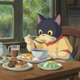 thai breakfast being eaten by a cat in a Ghibli studio movie
