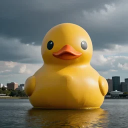 a giant rubber ducky floating through new york harbor