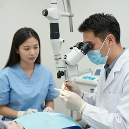 a dentist operating a microcope and drinking a cigrette by assistant
