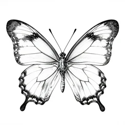 butterfly, vertical symmetry, ink drawing, hyperrealism, clear - cut, coloring page, clear outline, center position, grayscale, white background, lineart, high contrast, hollow borders, katsushika hokusai style, artstation, visual novel