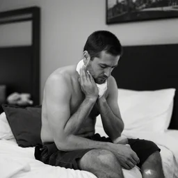 a photograph of a light skinned man with hypothermia in a hotel room, black and white photo, sigma 3 5 mm