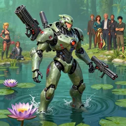 waterlily with a futuristic amphibious combat mecha body holding a big sci - fi gun stepping out of a pond. lisa frank, james gurney, syd mead, petros afshar, tim hildebrandt, liam wong, mark riddick, rob liefeld, trending on cgsociety and deviant art - 9