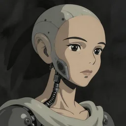 cinematic portrait of woman from left, head and clothed chest only, exotic alien features, robotic enhancements, desaturated, in the style of studio ghibli
