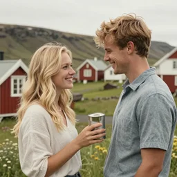 a highly detailed portrait of a young couple from the side, holding a tin can, renote icelandic village, summer, blonde hair, muted colors, joy, trending on artstation,