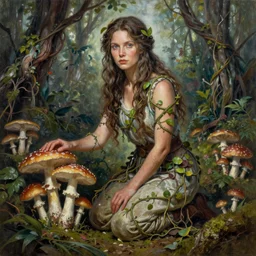 A mixed media portrait painting of a beautiful mycologist woman kneeling in a mushroom grove, detailed Aesthetic! face and eyes, slavic, clothed in vines, by Beeple, Frank Frazetta, Greg Rutkowski, Christian MacNevin, epic fantasy character art, high fantasy, CGsociety, full length, exquisite detail, post-processing, masterpiece, cinematic