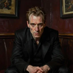 matte painting character illustration of john constantine sitting down in a shadowed corner of the room at a dive bar in london, digital painting, illustration, john singer sargent, gothic, amazing values, 8 k, symmetrical face details, realistic face details, realistically rendered face, realistic eyes, moody lighting, j. c. leyendecker