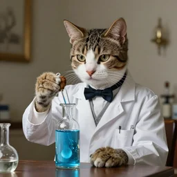 an aristocratic cat dressed as a scientist intrigued by a refined transparent little bottle filled with magic blue iridescent liquid, art highly detailed, by frank frazetta, keith parkinson and greg rutkowski and aleksandra skiba, concept art,