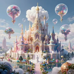 foam priest and his bubble kingdom, unique landscape, highly detailed, flying buildings, colorful, palace, bubble trees, cinematic lighting, artstation, intricate, masterpiece, art by maria panfilova and dylan kowalski and huifeng huang