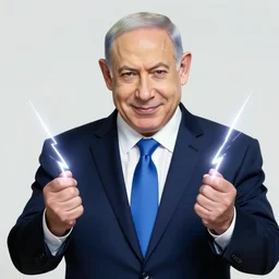 portrait of benjamin netanyahu smirking while holding lightning bolts with his hands, by artgerm and greg rutkowski