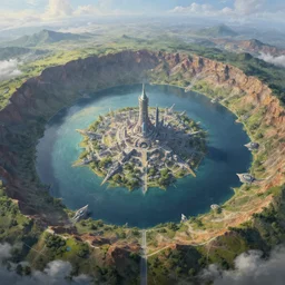 a highly detailed landscape painting of large island in the center of a meteor crater lake with a futuristic fantasy city with a river running through it, aerial photography, ultrawide lens, art by john collier and jeon seong and albert bierstadt, volumetric lighting, octane render, 4 k resolution, trending on artstation, masterpiece