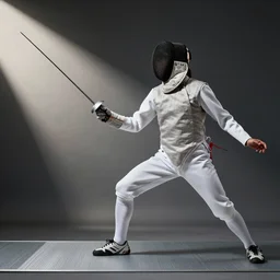 as a fencer with sword, on guard stance