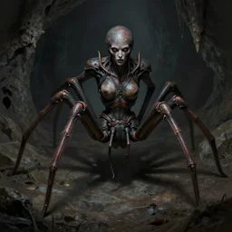 creepy matte painting of an armored humanoid female spider monster with eight spider legs in a dark cave, ultra detailed, monster, half human half spider, human torso and head, human face, human arms, creature design, concept art, 8 k, moody lighting, muted colors, dramatic lighting, realistically proportioned face