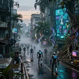 cramped ramshackle city in the tropical rain ,at dusk, hundreds of robot cyborgs roam , puddles on a wet tarmac road reflecting ,television feedback loop , burst of powders ,detailed entangled fibres ,volumetric lighting, twisting vapour, bellowing dust ,flowing shimmering fabrics , biometric scanning forest , full of mist , overgrown detailed roots , entangled intricate cable fibres, humans hide in the underwater, full colour , upscale , 4k