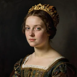 portrait of young woman in renaissance dress and renaissance headdress, art by rene magritte