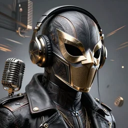 character portrait concept design guy denning, tim doyle masked anarchist figure headphones antique microphone broadcast radio face mask heroic!! sharp edges. elegant, dynamic angle, intricate highly detailed complexity, epic composition, symmetry, cinematic lighting masterpiece