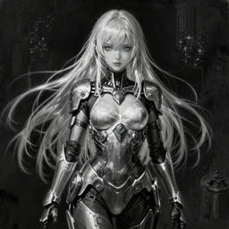 By Tom Bagshaw, ultra realist soft painting of an attractive cyrvy cyberpunk anime female fully body armored, with thin lustrous long hair floating, photorealistic eyes render, looking at camera, curiosities carnival, symmetry accurate features, very intricate details, focus, dark fantasy background black and white