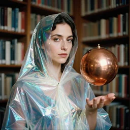 a color photograph, closeup portrait of a woman wrapped in iridescent vinyl, standing next to a levitating copper orb, in a library, color photograph, by vincent desiderio, canon eos c 3 0 0, ƒ 1. 8, 3 5 mm, 8 k, medium - format print