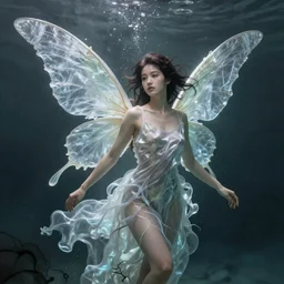 prompt portrait of beautiful female fairy, translucent silky dress, fluid simulation, underwater ink env, wispy gigantic wings , by Peter Mohrbacher, trending on artstation
