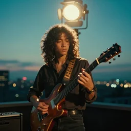 The long shot of charismatic disco punk rock young Asian man with very long curly dark hair playing on jazz guitar, the very strong fresnel top spotlight, twilight city on the horizon, by Lubezki and David Lynch, anamorphic 24 mm lens, cinematic composition, teal-orange color correction, rock movie, Kodachrome film, 4k