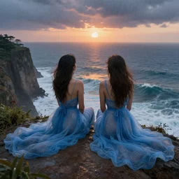 a stunning matte painting landscape of two voluptuous women in gossamer blue dresses sitting on a cliff facing away from the camera in the rain watching the sunrise over the ocean, turbulent ocean in the background, intricate, elegant, highly detailed, artstation, ultra sharp focus, octane render, volumetric lighting, art by greg rutkowski and alphonse mucha