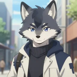 key anime visual portrait of a handsome male anthro wolf furry fursona with beautiful eyes, wearing a cool outfit in downtown, official modern animation