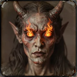 photo of demon with fire eyes, old vintage photography, daguerreotype, damaged photo, film artifacts, scratches, tears, hyperrealistic, ultra detailed, 4 k