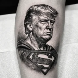 tattoo of donald trump with a superman cape black and white ink, detailed, hyperrealistic trending on artstation