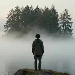 isolation, trees in the background, wanderer above the sea of fog by caspar david friedrich, shoulders long black hair, teenager, highly detailed, one! full body single portrait