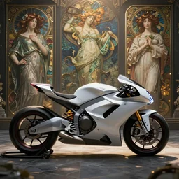 a concept motorcycle designed by ram and ford, zaha hadid, artstation, an epic fantasy, cinematic lighting, hyper realistic, photographic, sharp focus, by greg rutkowski and alphonse mucha