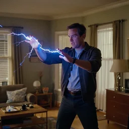 frasier 9 0 s tv show screenshot, frasier crane in his apartment shooting blue lightning bolts from his hands, kodak portra,