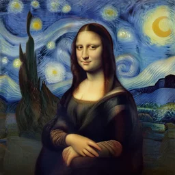 pastel, mona lisa by van gogh, starry night, gaussian blur